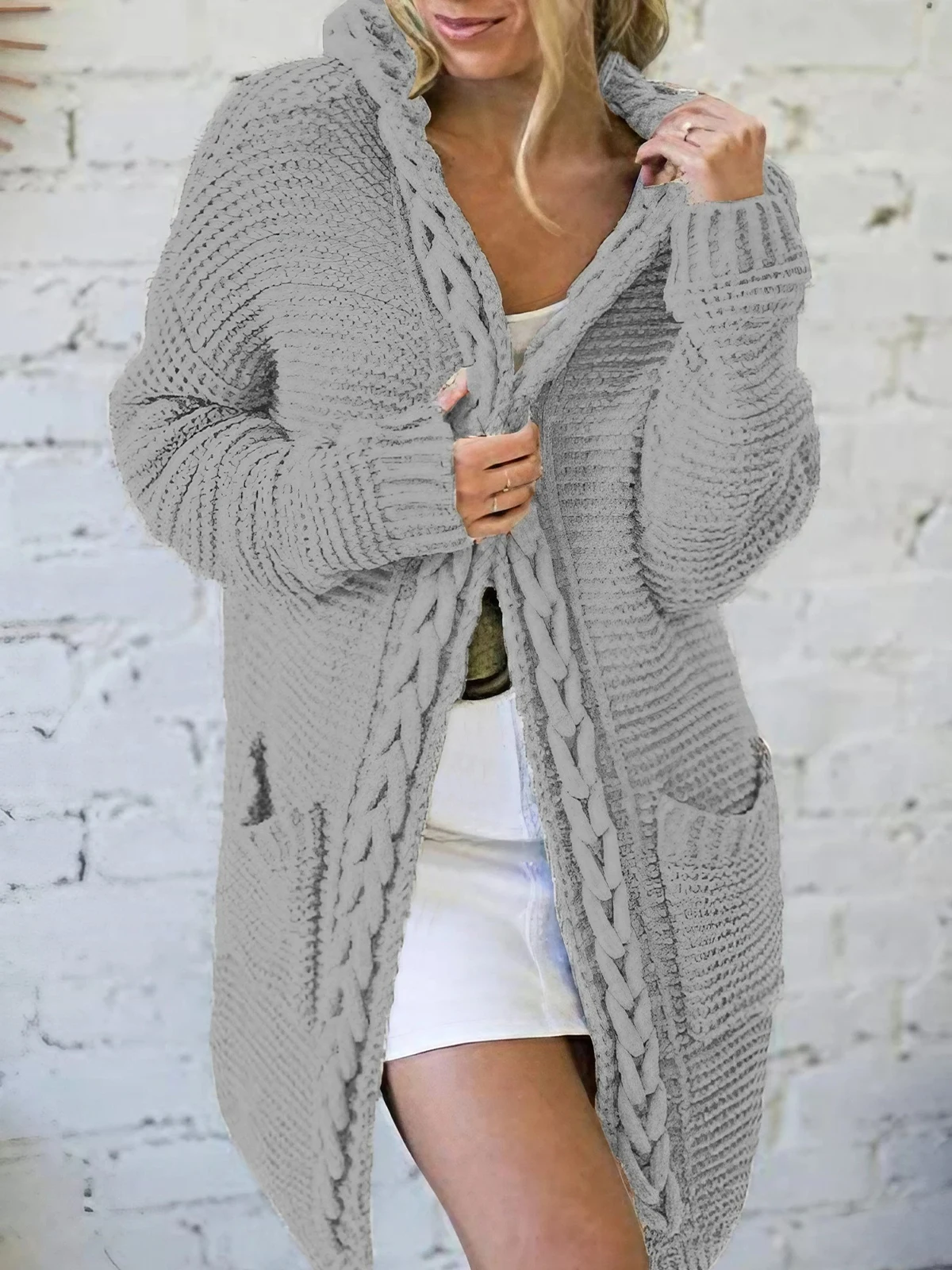 Women's Solid Jacquard Knitted Hooded Mid-length Cardigan