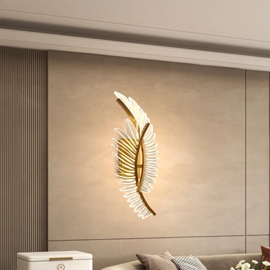 Art Deco Metal And Acrylic Feather Study Room Wall Lamp, Gold/Clear