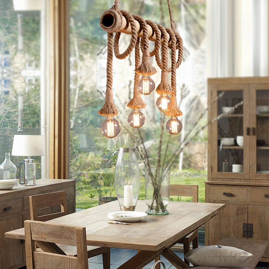 Rustic Hemp Rope And Metal  Strip Dining Room Pendant Light, Log Color