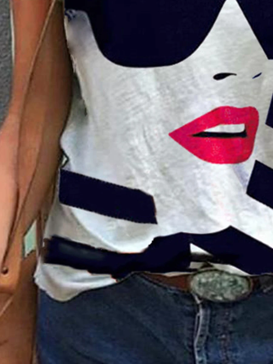 Fashion Face Print V-neck T-shirt