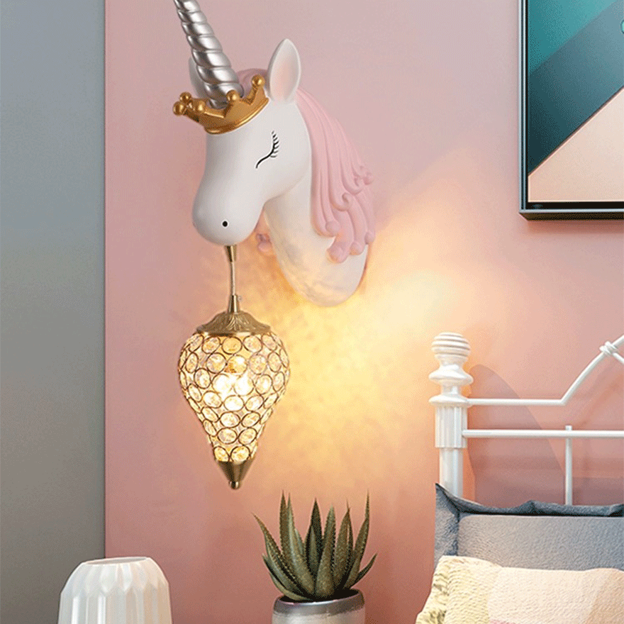 Art Deco Acrylic Unicorn Study Room Wall Lamp, Pink/ Blue