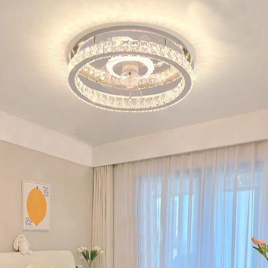 Modern Metal And Acrylic Round Living Room Ceiling Fan with Light, Gold/Silver, Trichromatic Light