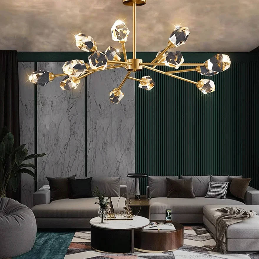 Modern Metal And Crystal Uneven Bedroom Chandeliers Pendant Light, Gold, Trichromatic Light