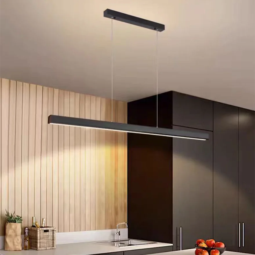 Modern Metal And Acrylic Linear Dining Room Pendant Light, Black/Brown, Trichromatic Light