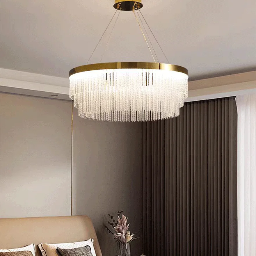 Royal Metal And Crystal Tassel Bedroom Chandelier Pendant Light, Gold, Trichromatic Light