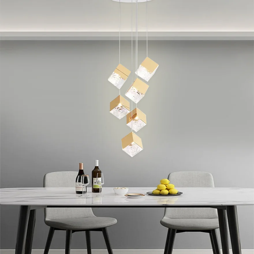 Art Deco Metal And Glass Ice Cube Dining Room Pendant Light, Gold/Silver