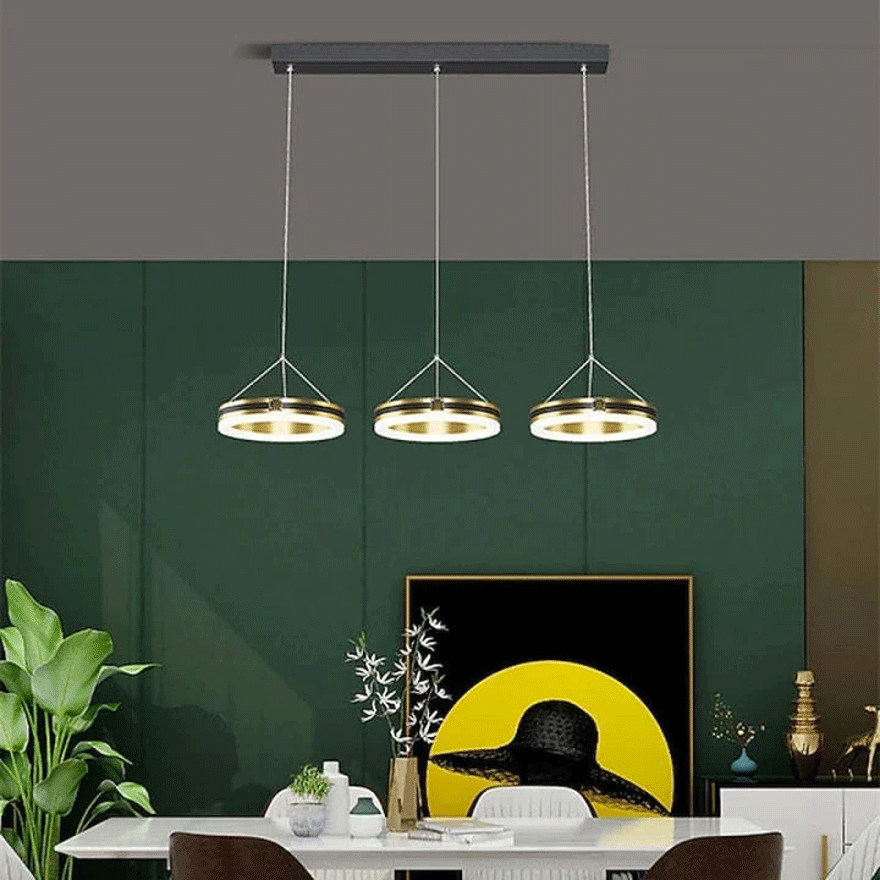 Modern Metal Ring Bedroom Chandelier Pendant Light, Black gold, Trichromatic Light