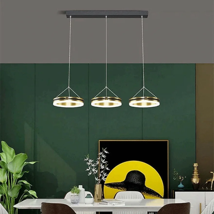 Modern Metal Ring Bedroom Chandelier Pendant Light, Black gold, Trichromatic Light