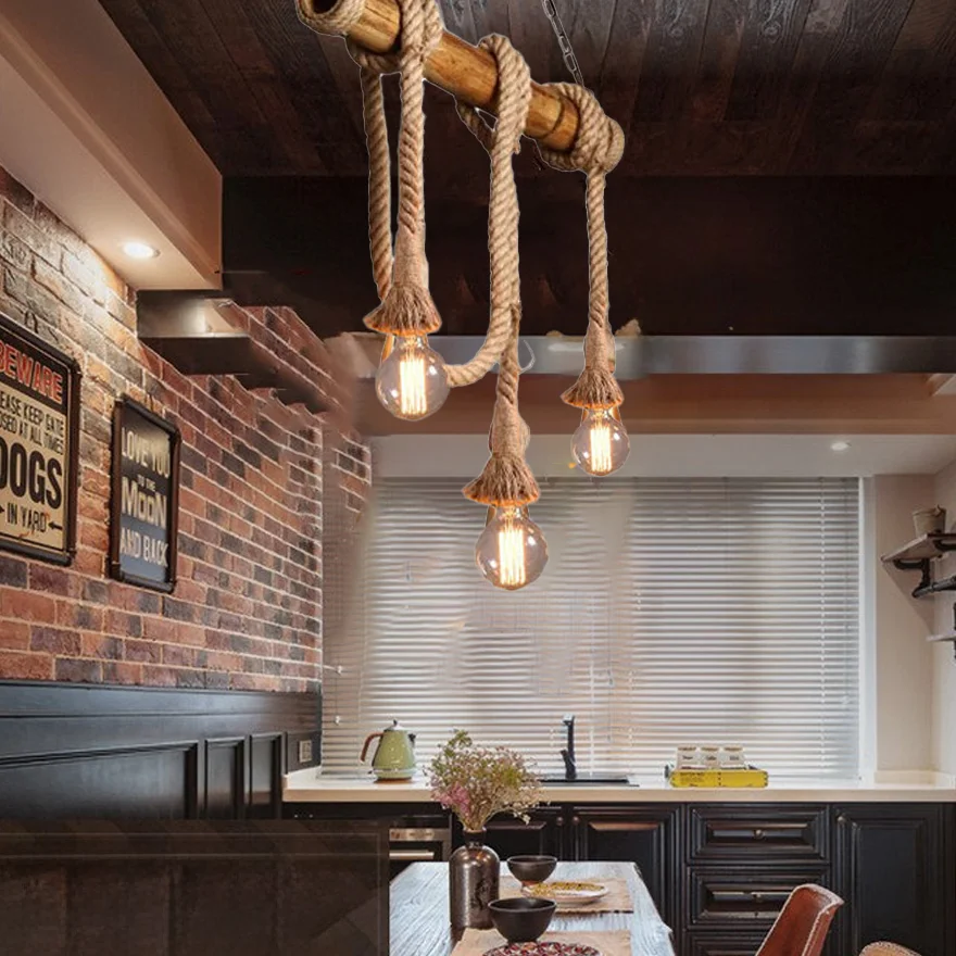 Rustic Hemp Rope And Metal  Strip Dining Room Pendant Light, Log Color