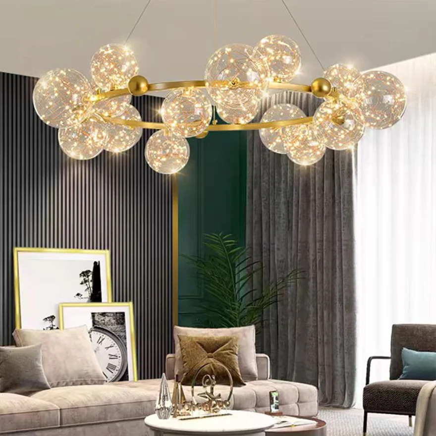 Modern Metal And Glass Bubble Living Room Pendant Light, Black/Gold