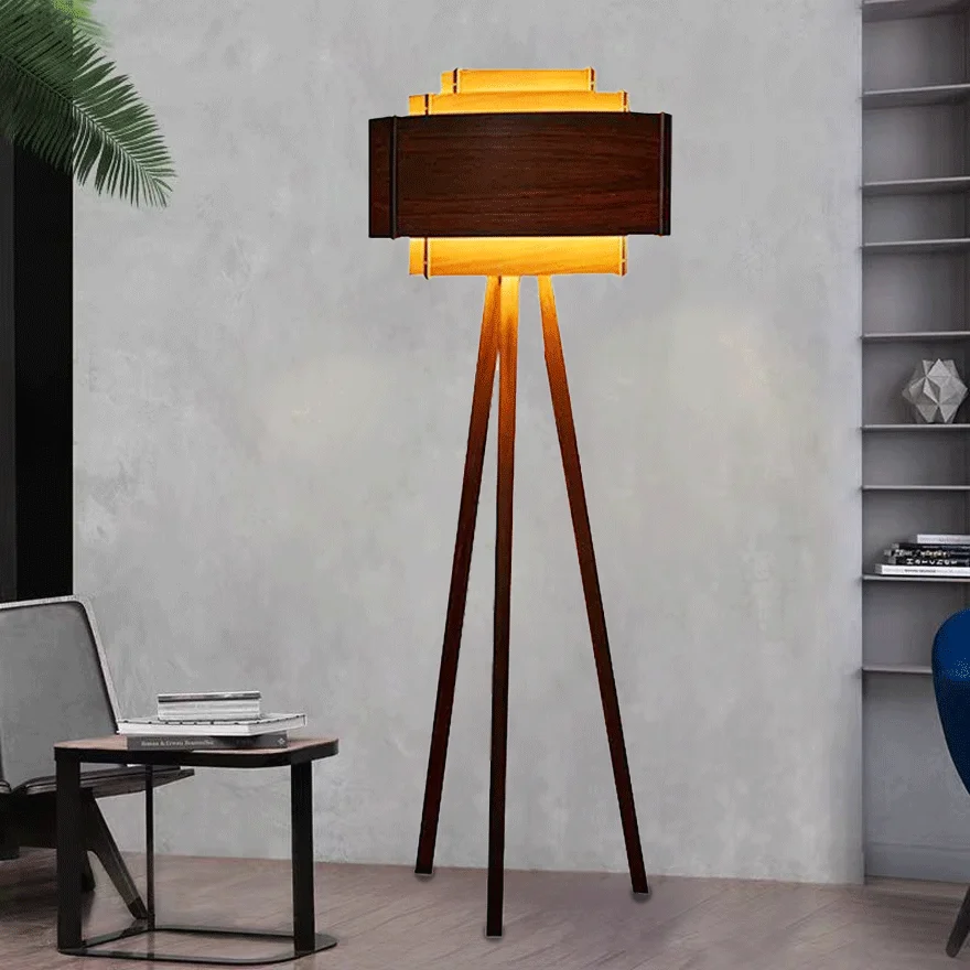 Modern Solid Wood Tripod  Living Room Floor Lamp, Brown