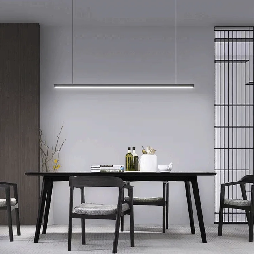 Minimalist Metal And Acrylic Linear Dining Room Pendant Light, Black/White, Trichromatic Light