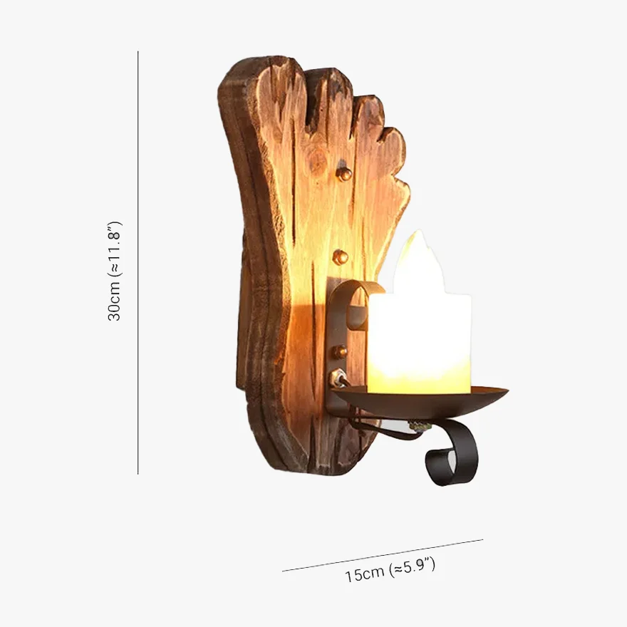 Cozy Metal And Pine Wood Footprints Candle Living Room Wall Lamp, Log Color