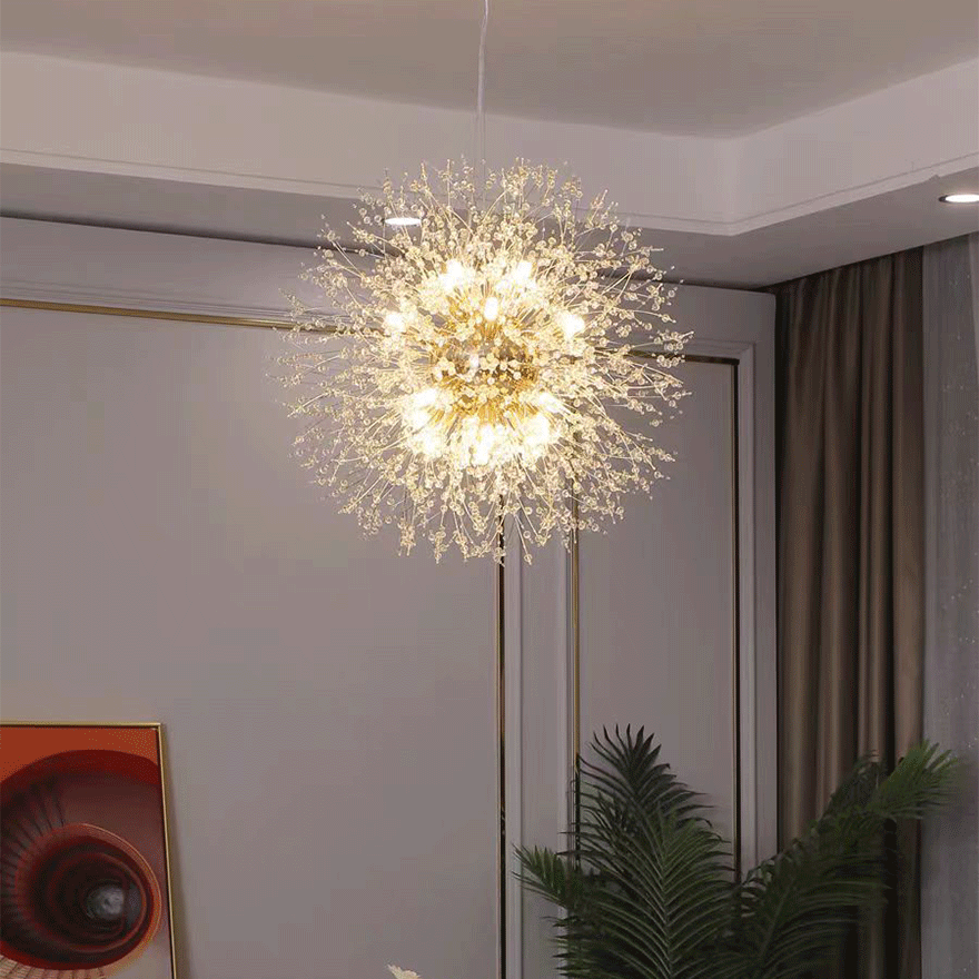 Modern Metal And Crystal Dandelion Bedroom Chandelier Pendant Light, Chrome/Gold