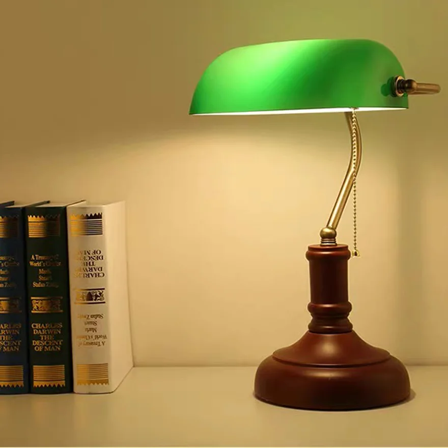 Vintage/Retro Metal And Glass Arched Study Room Table Lamp, Green | Liiffy