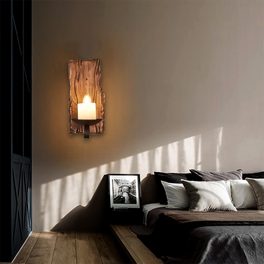 Farmhouse Metal And Wooden Rectangular Candle Living Room Wall Lamps, Natural Wood