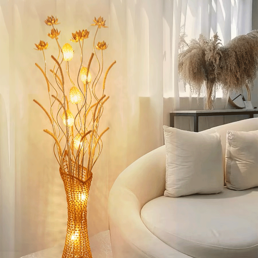 Designer Metal  Flower Vase Living Room Floor Lamp, Gold