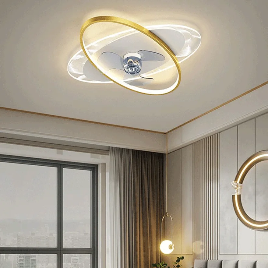 Contemporary Metal And Acrylic Ring Bedroom Ceiling Fan with Light, Black/Gold, Trichromatic Light