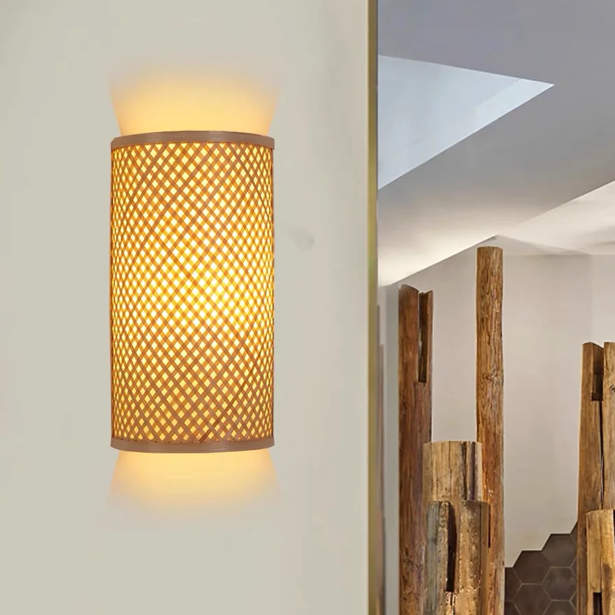 Boho Rattan, Acrylic Cylindrical Indoor Wall Lamp, Log Color