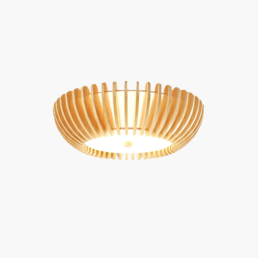 Modern Wooden And Acrylic Round Bedroom Ceiling Light, Burlywood, Trichromatic Light