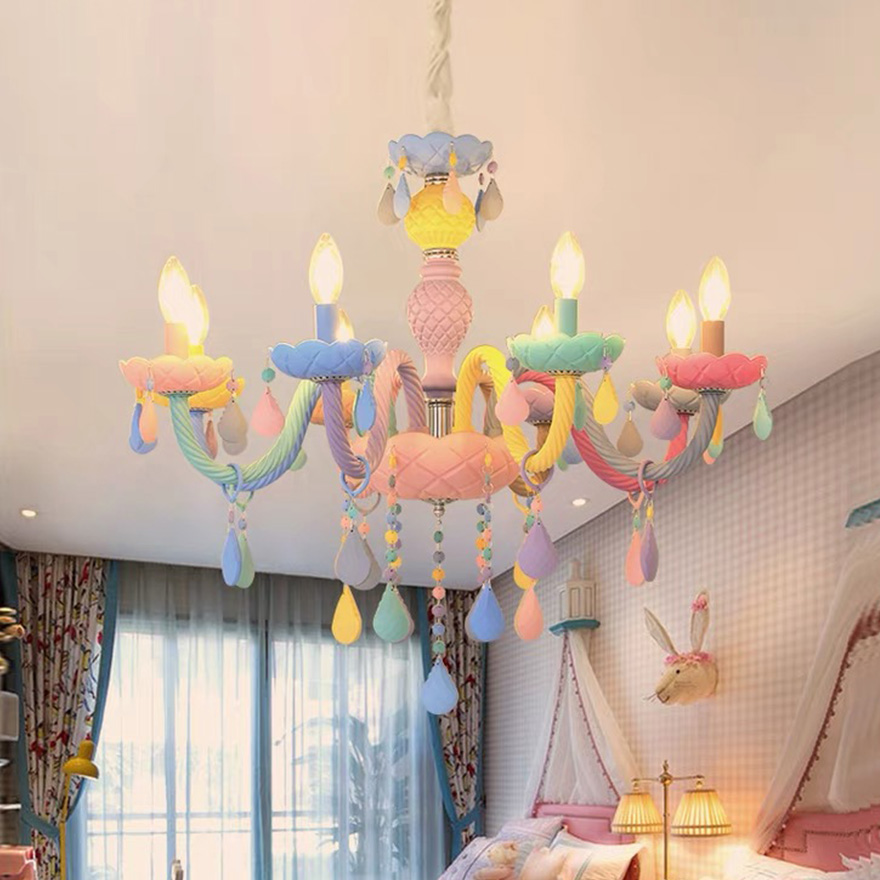 Morandi Metal Candle Children's Room Chandelier Pendant Light, Multicolor, Trichromatic Light