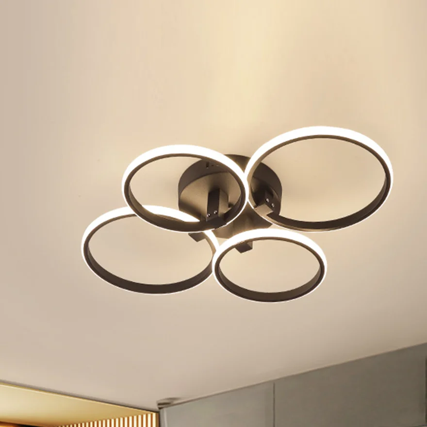 Modern Metal And Acrylic Ring Living Room Ceiling Light, Black/White, Trichromatic Light