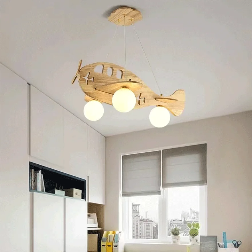 Art Deco Acrylic And Wooden Airplane Children's Room Pendant Light, Log Color