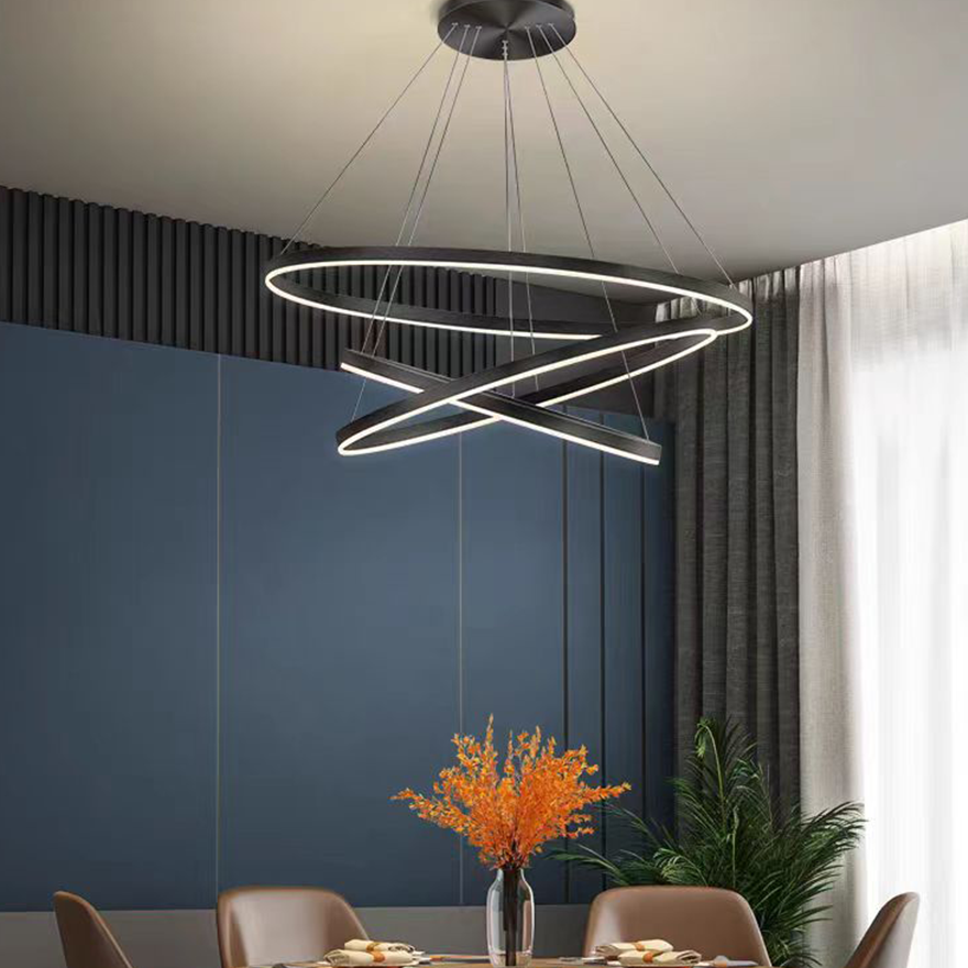 Modern Metal And Acrylic Ring Bedroom Pendant Light, Black, Trichromatic Light