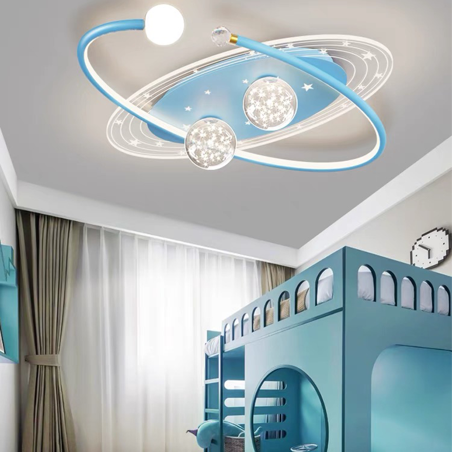 Decorative Metal And Acrylic Dining Room Ceiling Fan with Light, Blue/Gold/Pink, Trichromatic Light