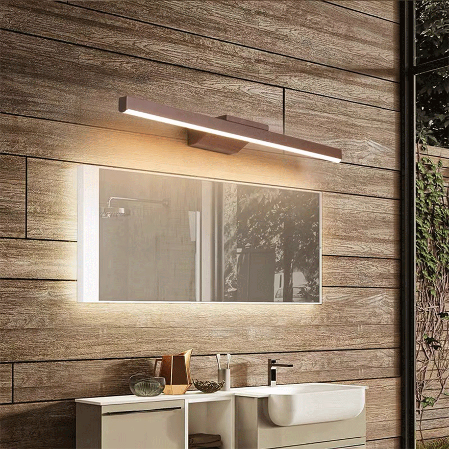 Minimalist Metal Strip Bathroom Mirror Front Wall Lamp, Brown, Trichromatic Light