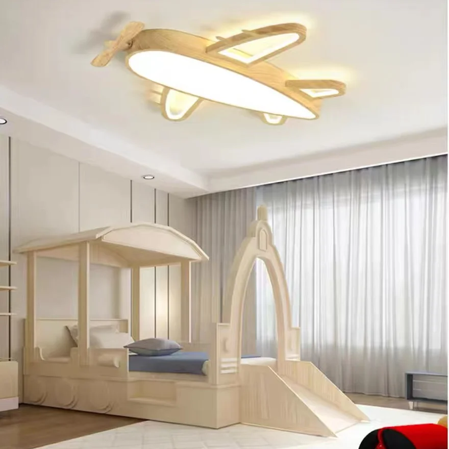 Designer Wooden And Acrylic Plane Children's Room Ceiling Light, Burlywood/Log Color, Trichromatic Light