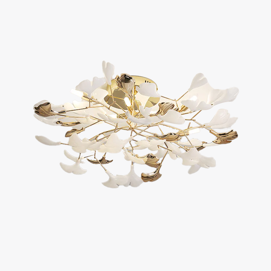 Designer Ceramic And Metal Petal Shaped Dining Room Ceiling Light, Gold-White