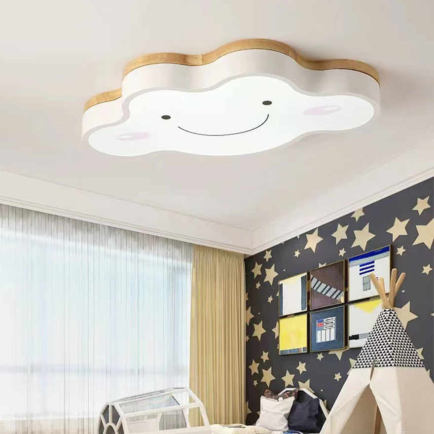 Decorative Wooden And Acrylic Cloud Children's Room Ceiling Light, Green/Pink/White, Trichromatic Light