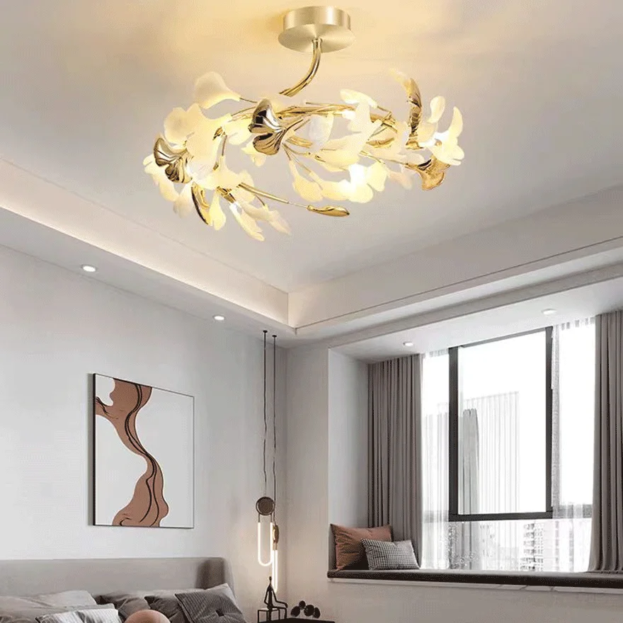 Designer Ceramic And Metal Petal Shaped Dining Room Ceiling Light, Gold-White