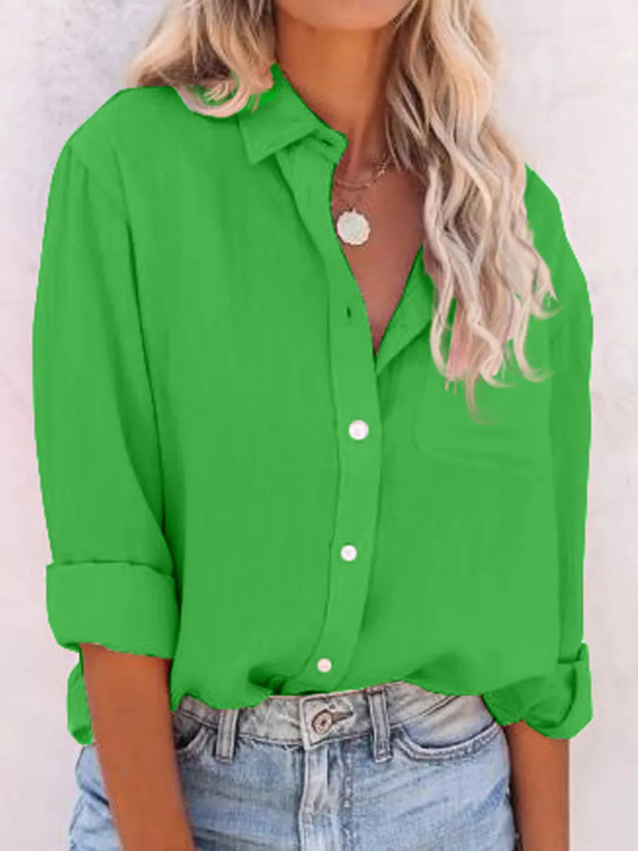 Round Neck Casual Loose Solid Color Long Sleeve Blouse