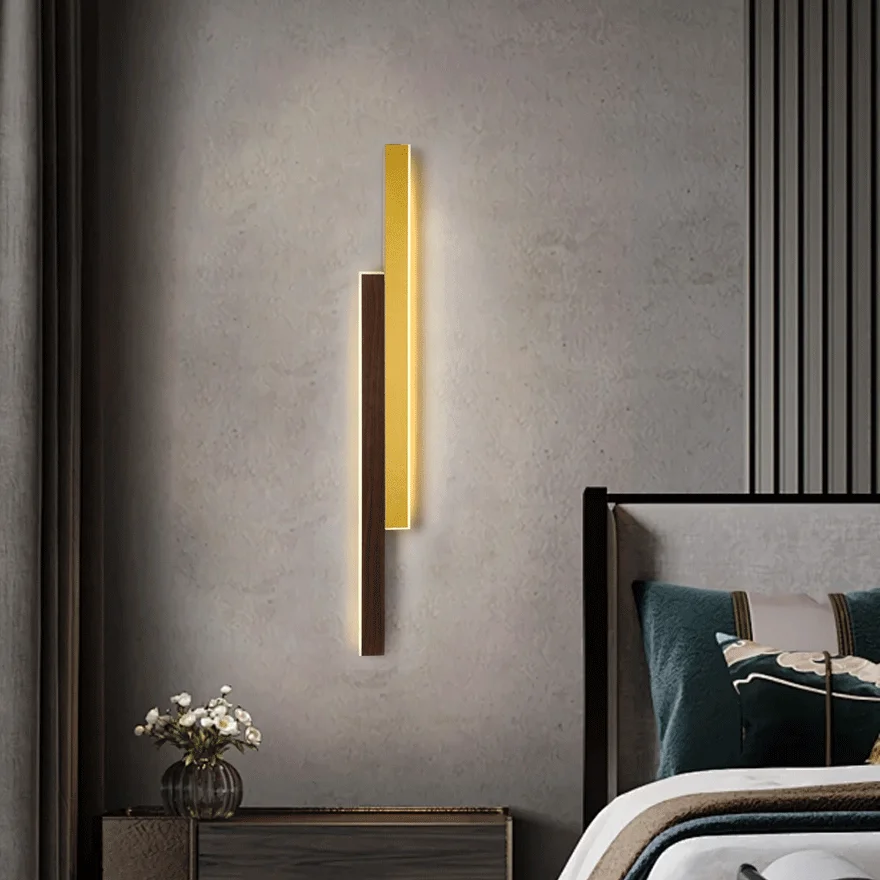 Modern Metal Duo-linear Living Room Wall Lamp, Brown/Natural Wood