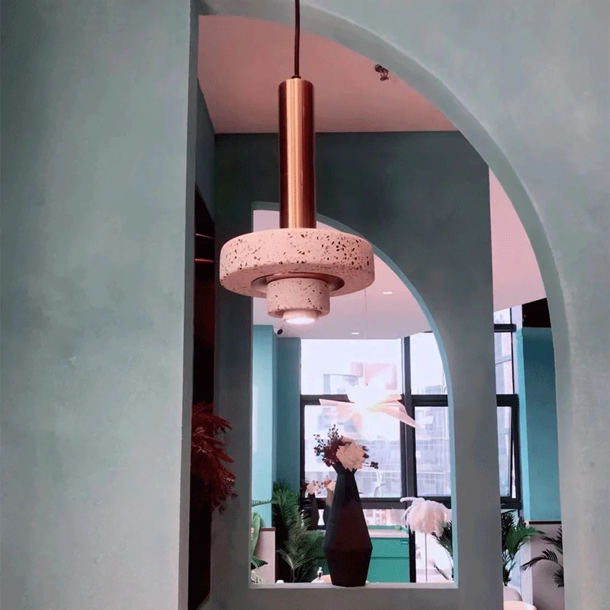 Modern Metal And Stone Round Dining Room Pendant Light, Blue/Grey/Pink/White