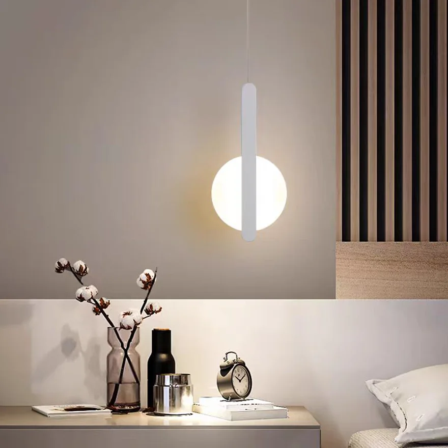 Minimalist Metal And Acrylic Geometric Bedroom Pendant Light, Black/White, Trichromatic Light