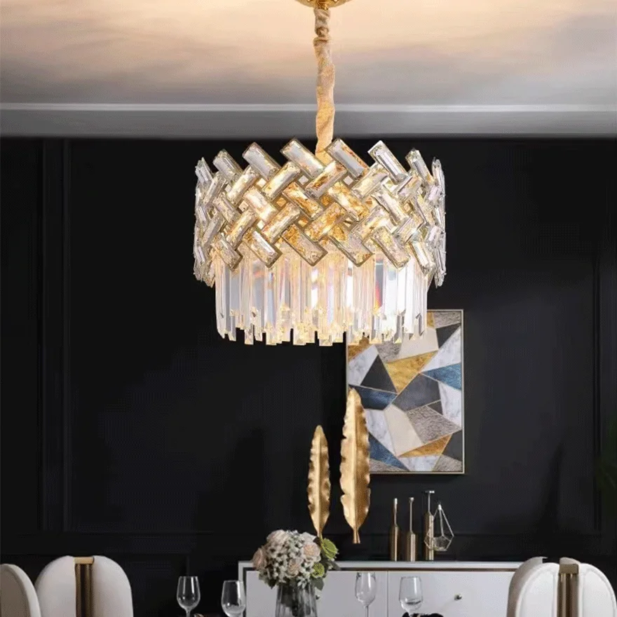 Baroque Metal And Crystal Geometric Dining Room Chandelier Pendant Light, Gold, Trichromatic Light