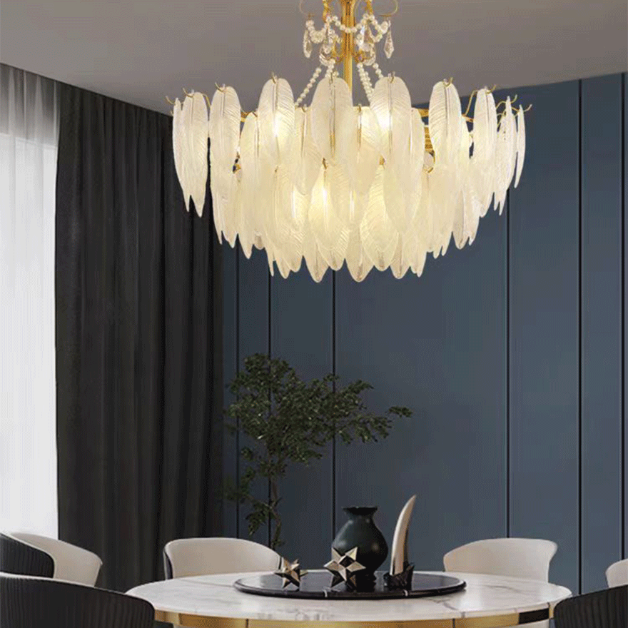 Decorative Pure Copper And Glass Feather Dining Room Chandelier Pendant Light, White, Trichromatic Light