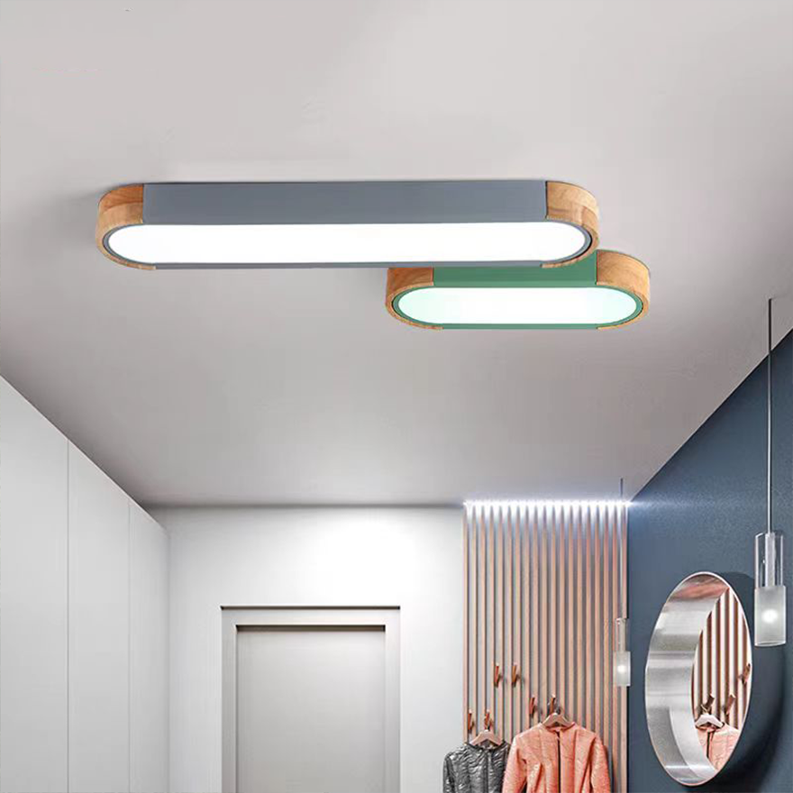 Modern Wooden And Acrylic Elliptical BedRoom Ceiling Light, Gray/Green/White, Trichromatic Light