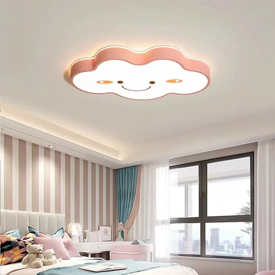 Decorative Wooden And Acrylic Cloud Children's Room Ceiling Light, Green/Pink/White, Trichromatic Light