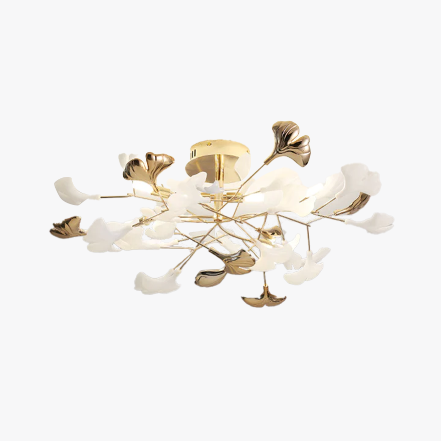 Designer Ceramic And Metal Petal Shaped Dining Room Ceiling Light, Gold-White