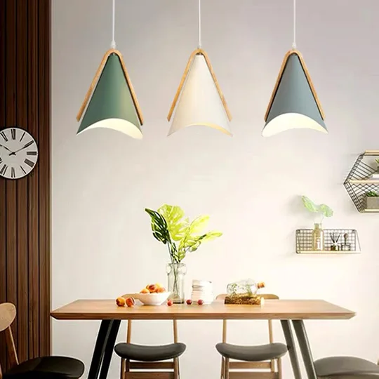 Morandi Metal And Wooden Conical Dining Room Pendant Light, Black/Green/Pink/White/Yellow