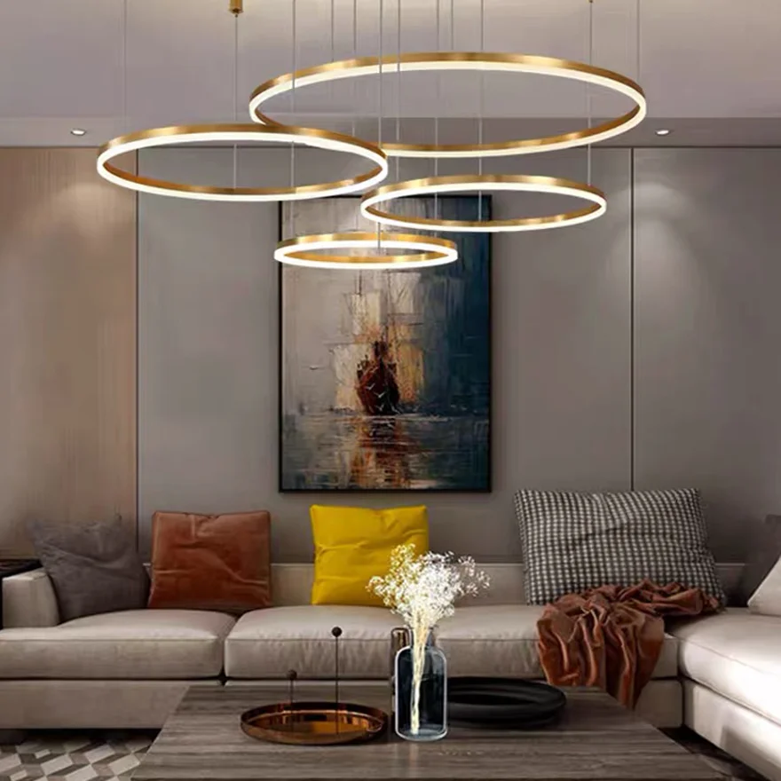 Classical Metal And Acrylic Ring Living Room Pendant Light, Gold