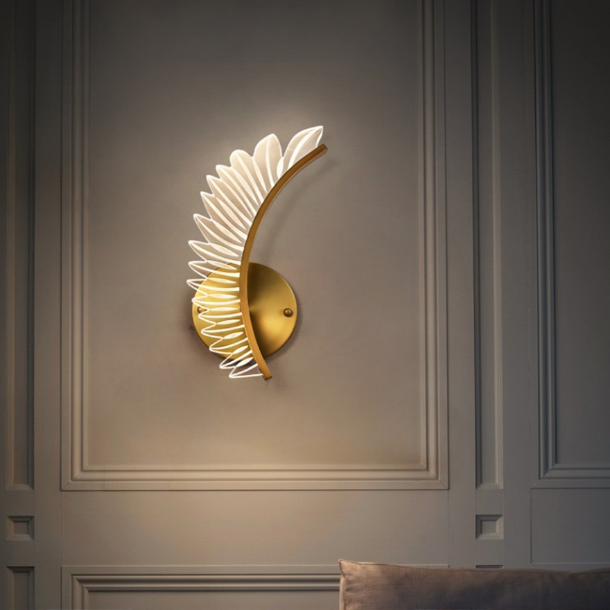 Art Deco Metal And Acrylic Feather Study Room Wall Lamp, Gold/Clear