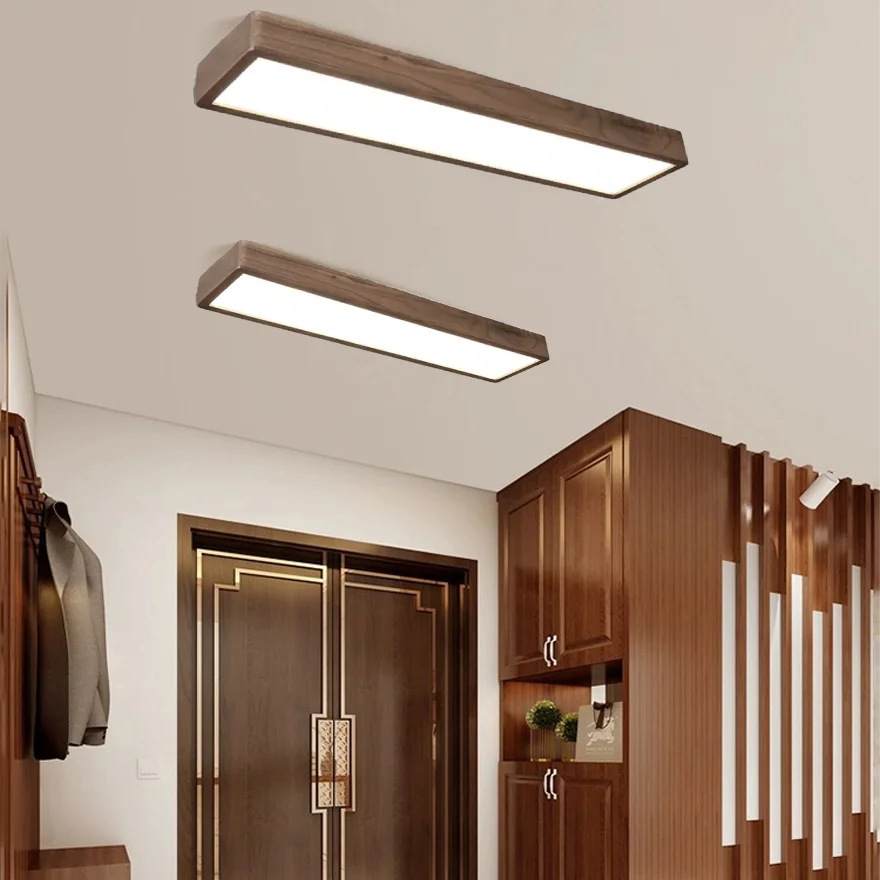 Classical Wooden And Acrylic Rectangular Bedroom Ceiling Light, Log Color, Trichromatic Light