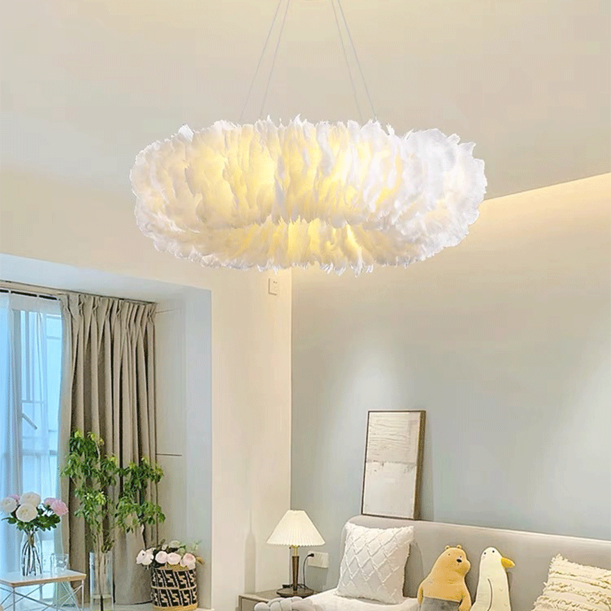 Modern Feather And Metal Ring Dining Room Pendant Light, White