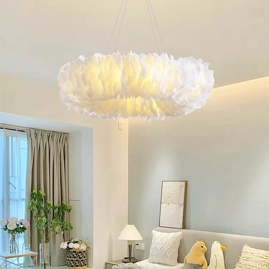 Modern Feather And Metal Ring Dining Room Pendant Light, White