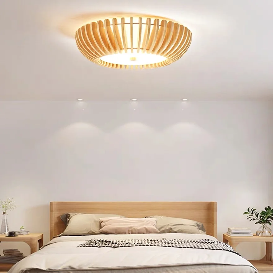 Modern Wooden And Acrylic Round Bedroom Ceiling Light, Burlywood, Trichromatic Light